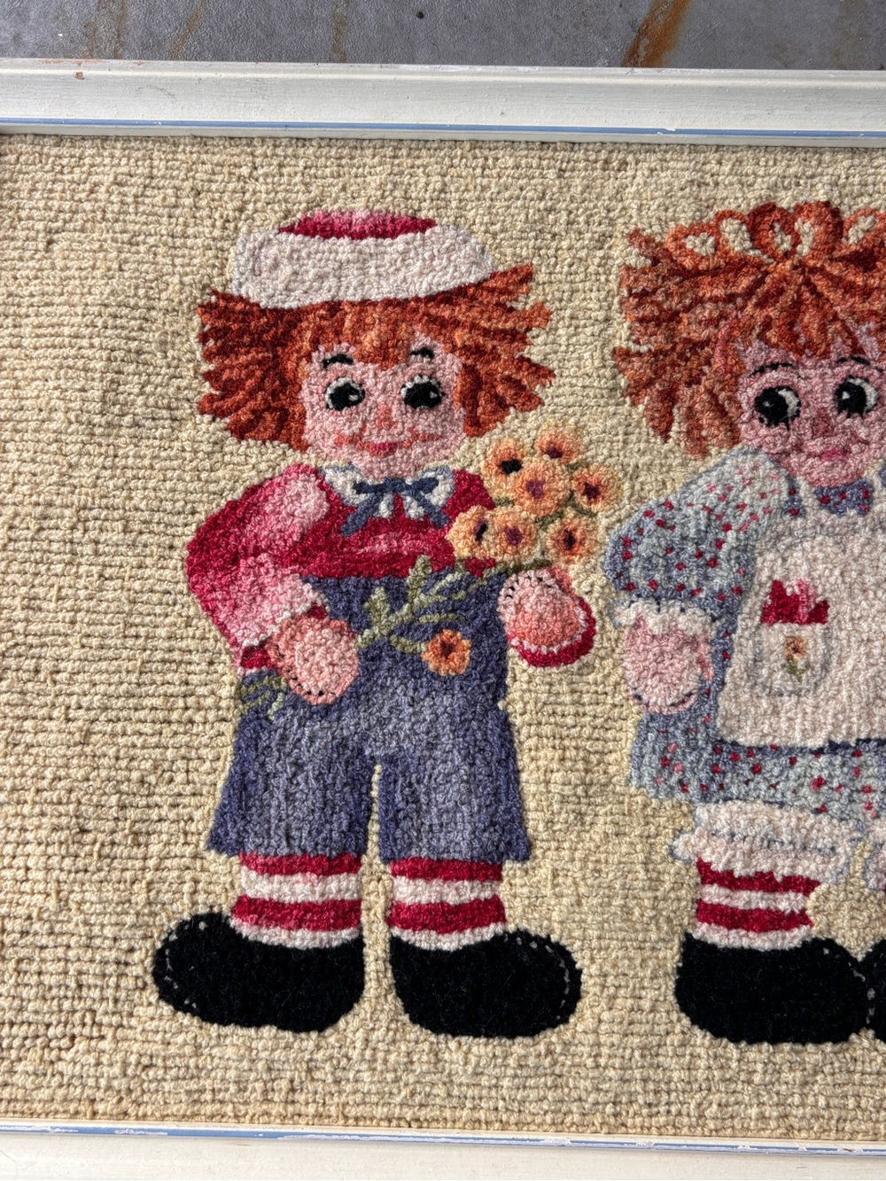 Vintage Raggedy Ann & Andy Needlepoint Wall Art Cottagecore Grannycore Decor - Picture 3 of 10